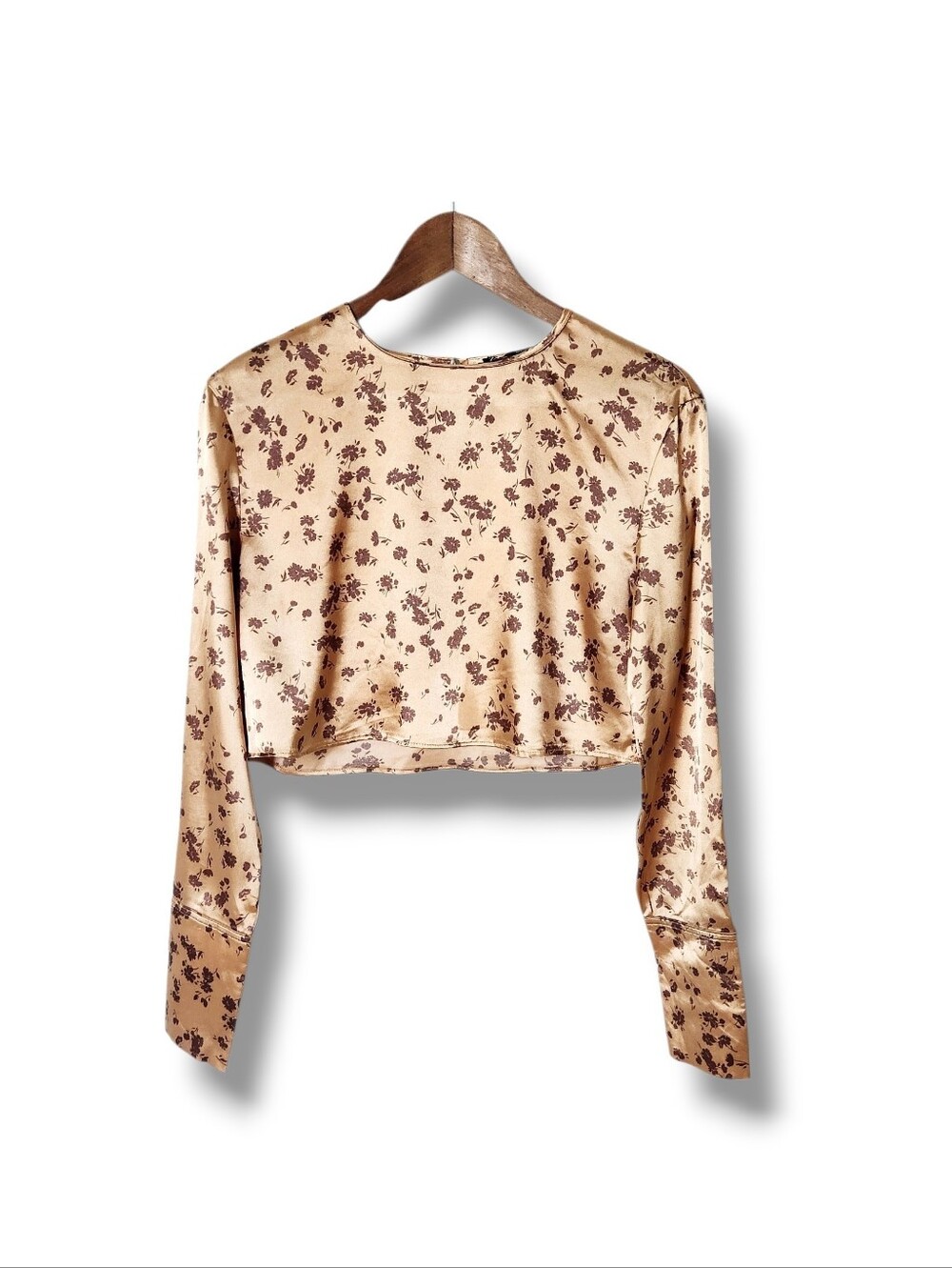 Zara Satiny Floral Print Long Sleeve Crop Top | Small